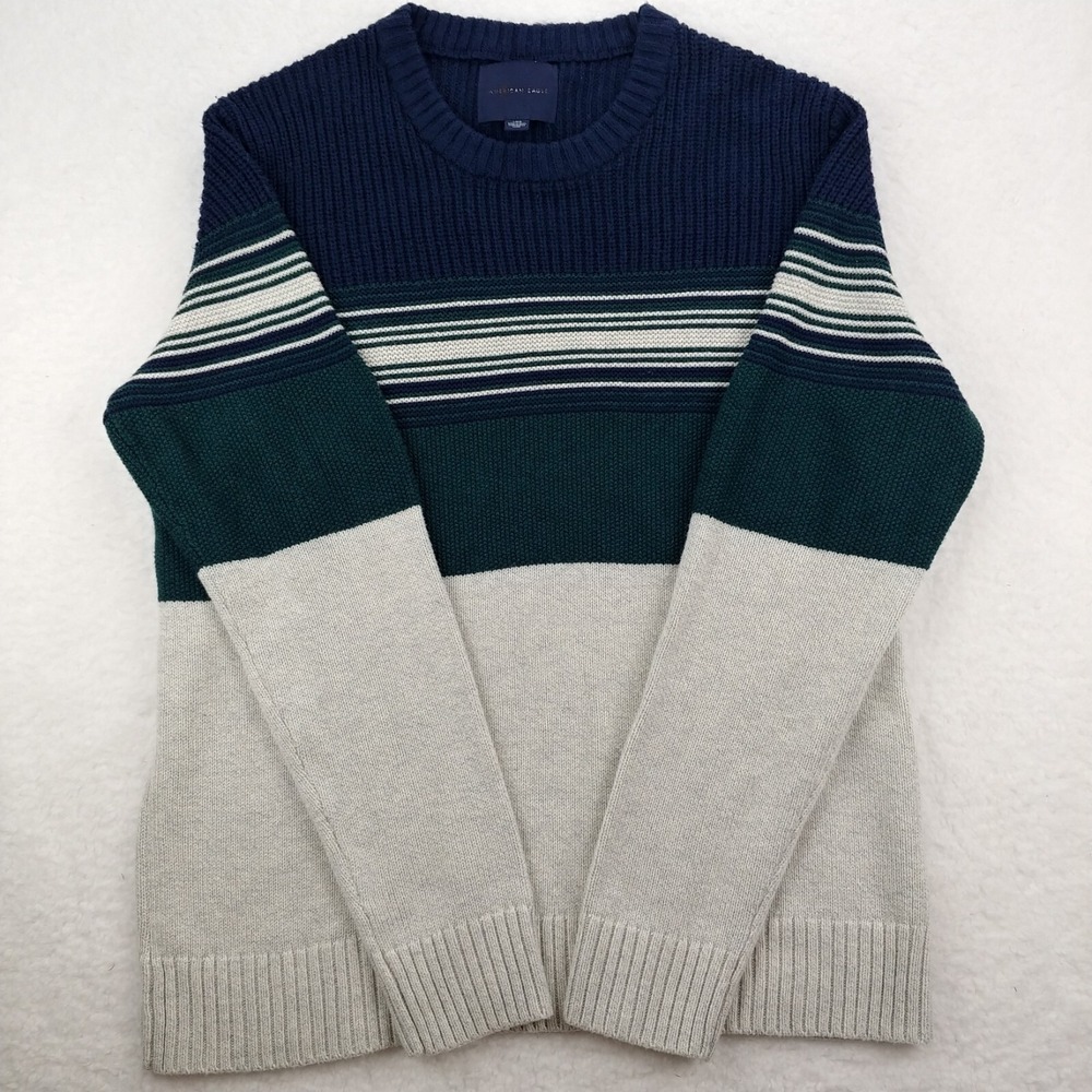VINTAGE Grandpacore American Eagle Sweater Men Large Blue & Cream Color